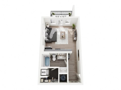 Tassel studio apartment at Nook Nine in Indianapolis, IN, offering a compact yet functional layout, featuring a modern kitchen with granite countertops, private balcony, ample storage, and in-unit washer/dryer, perfect for city dwellers near Keystone at the Crossing.